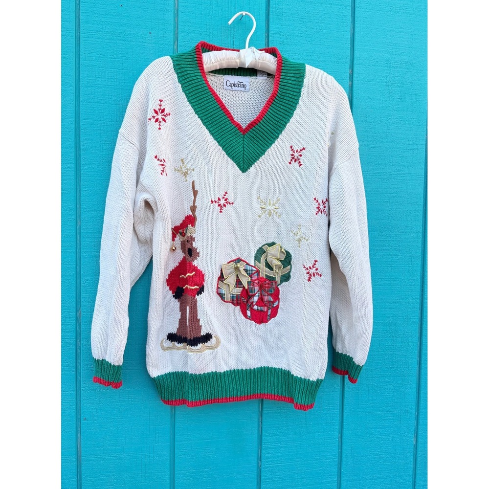 Vintage‎ Capistrano Christmas Sweater Reindeer Snowflakes Cream Green Red Artsy